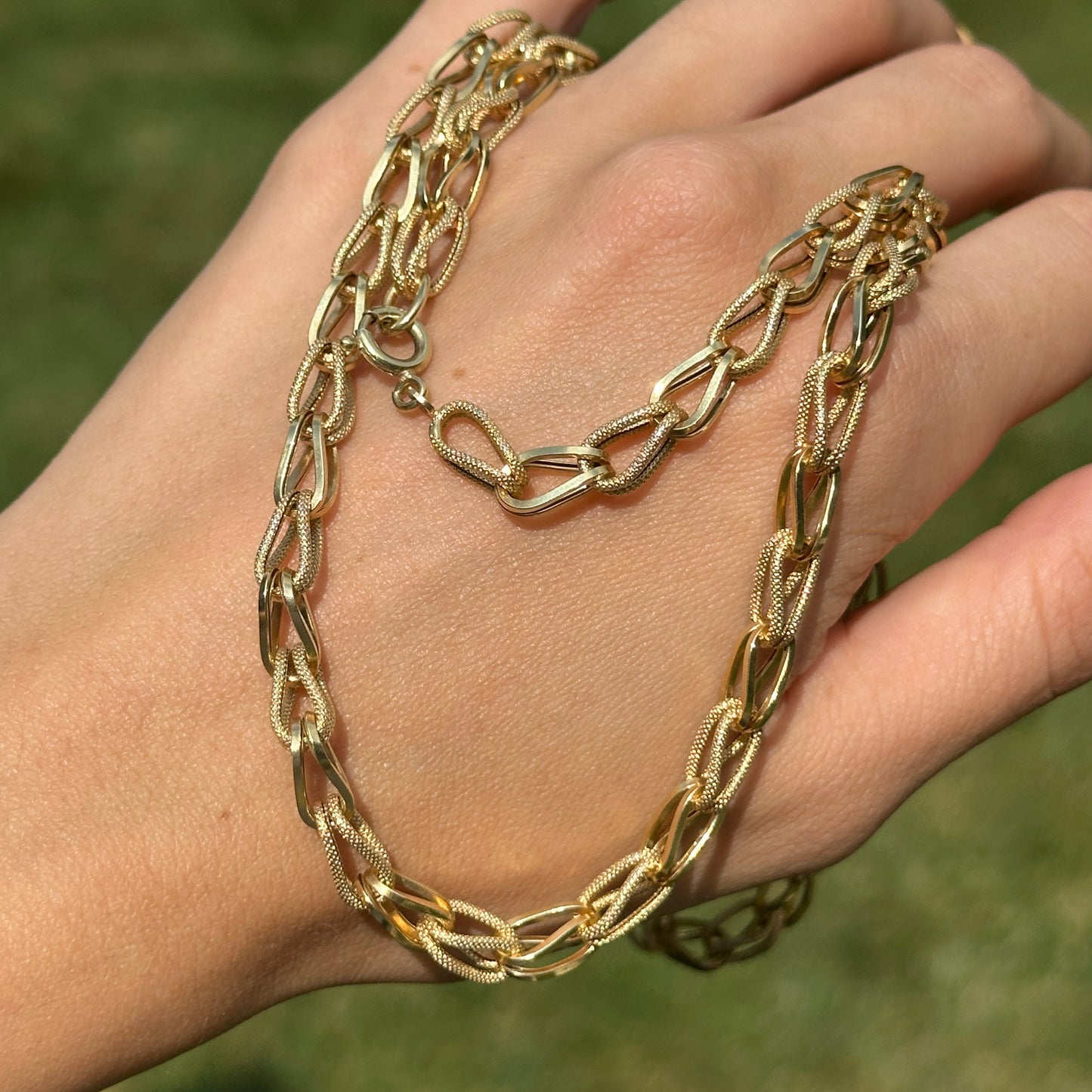 Estate 14KT Yellow Gold Textured + Shiny 3D Links Necklace 32"
