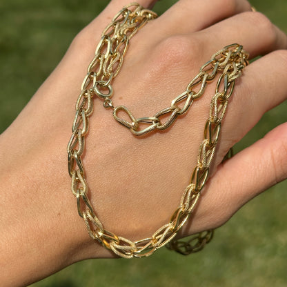 Estate 14KT Yellow Gold Textured + Shiny 3D Links Necklace 32"