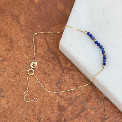 14KT Yellow Gold Blue Lapis Lazuli Round Bead Box Chain Bracelet