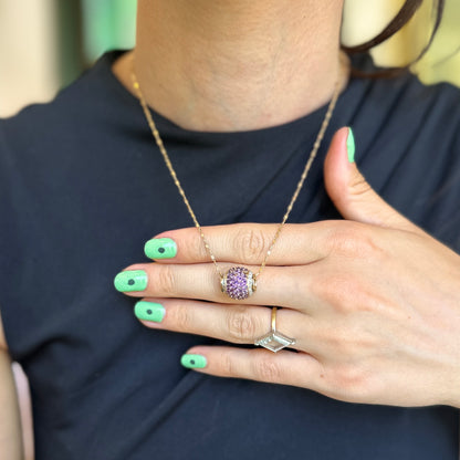 Estate 10KT Yellow Gold Pave Amethyst + Diamond Ball Slide Pendant Charm