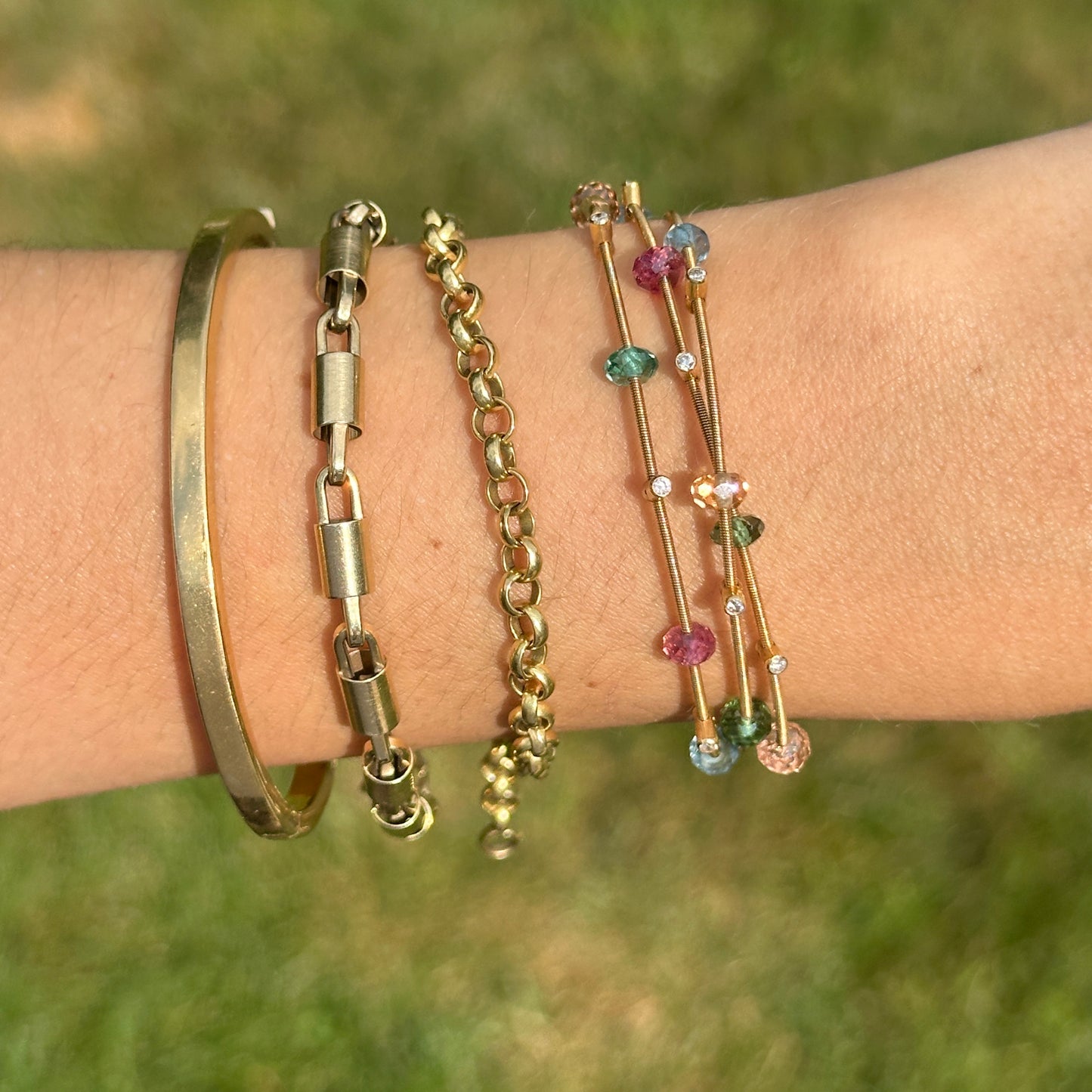 Estate 18KT Yellow Gold 3-Strand Diamond + Gemstones Scattered Bracelet