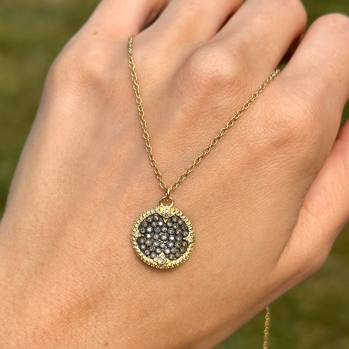 Estate 18KT Yellow Gold Concave Diamond Disc Necklace