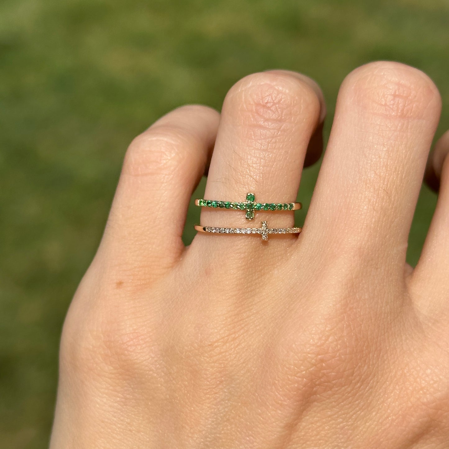 Estate 14KT Yellow Gold Emerald + Diamond Double Cross Ring