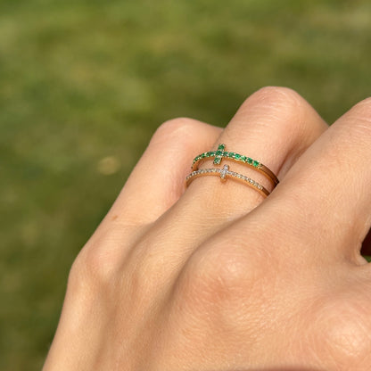 Estate 14KT Yellow Gold Emerald + Diamond Double Cross Ring