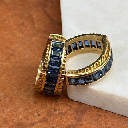 Estate 14KT Yellow Gold Baguette Sapphire Channel Set Back and Front Graduated Hoop Earrings