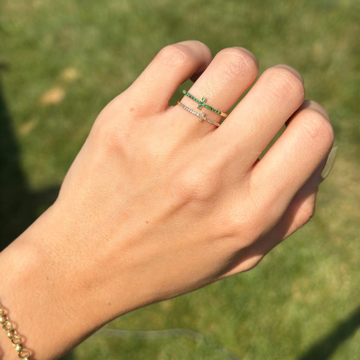 Estate 14KT Yellow Gold Emerald + Diamond Double Cross Ring