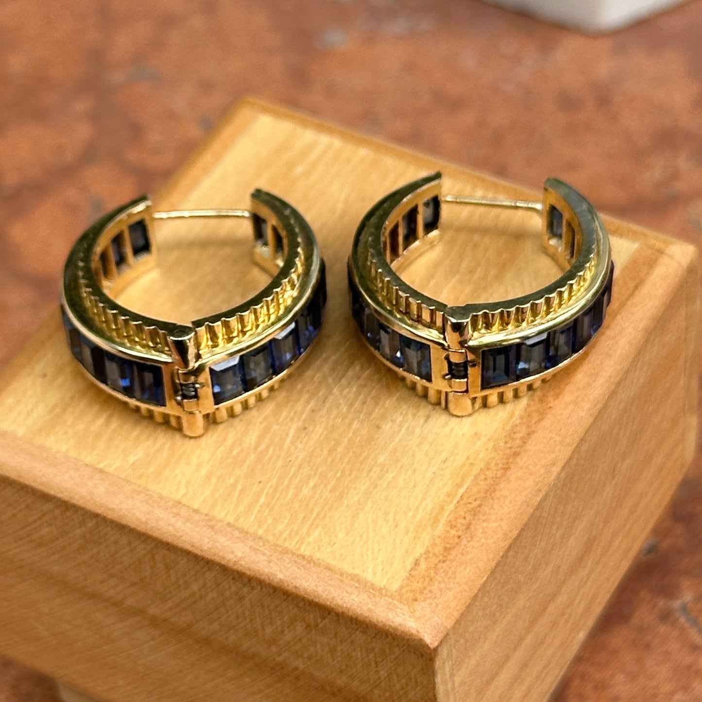 Estate 14KT Yellow Gold Baguette Sapphire Channel Set Back and Front Graduated Hoop Earrings