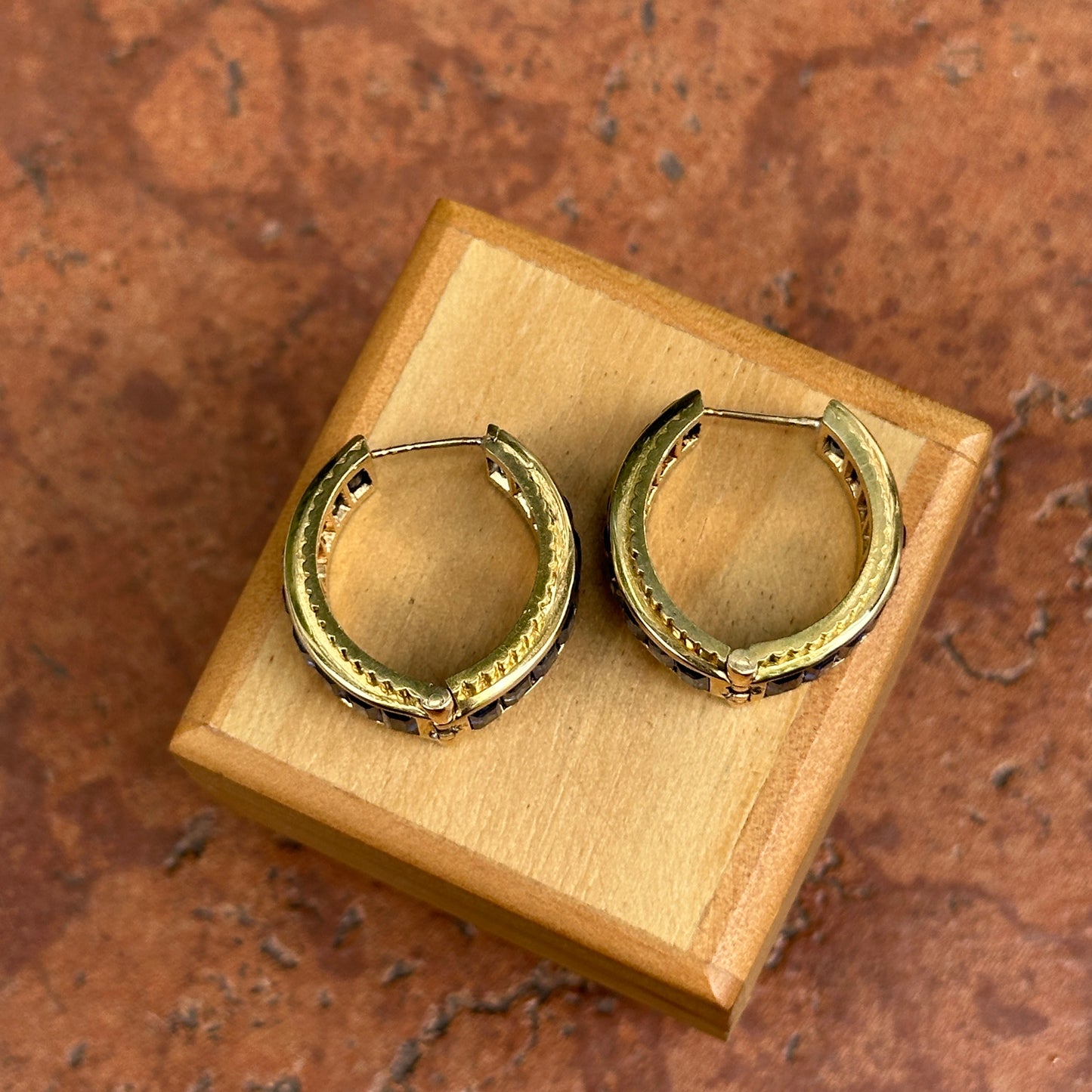 Estate 14KT Yellow Gold Baguette Sapphire Channel Set Back and Front Graduated Hoop Earrings