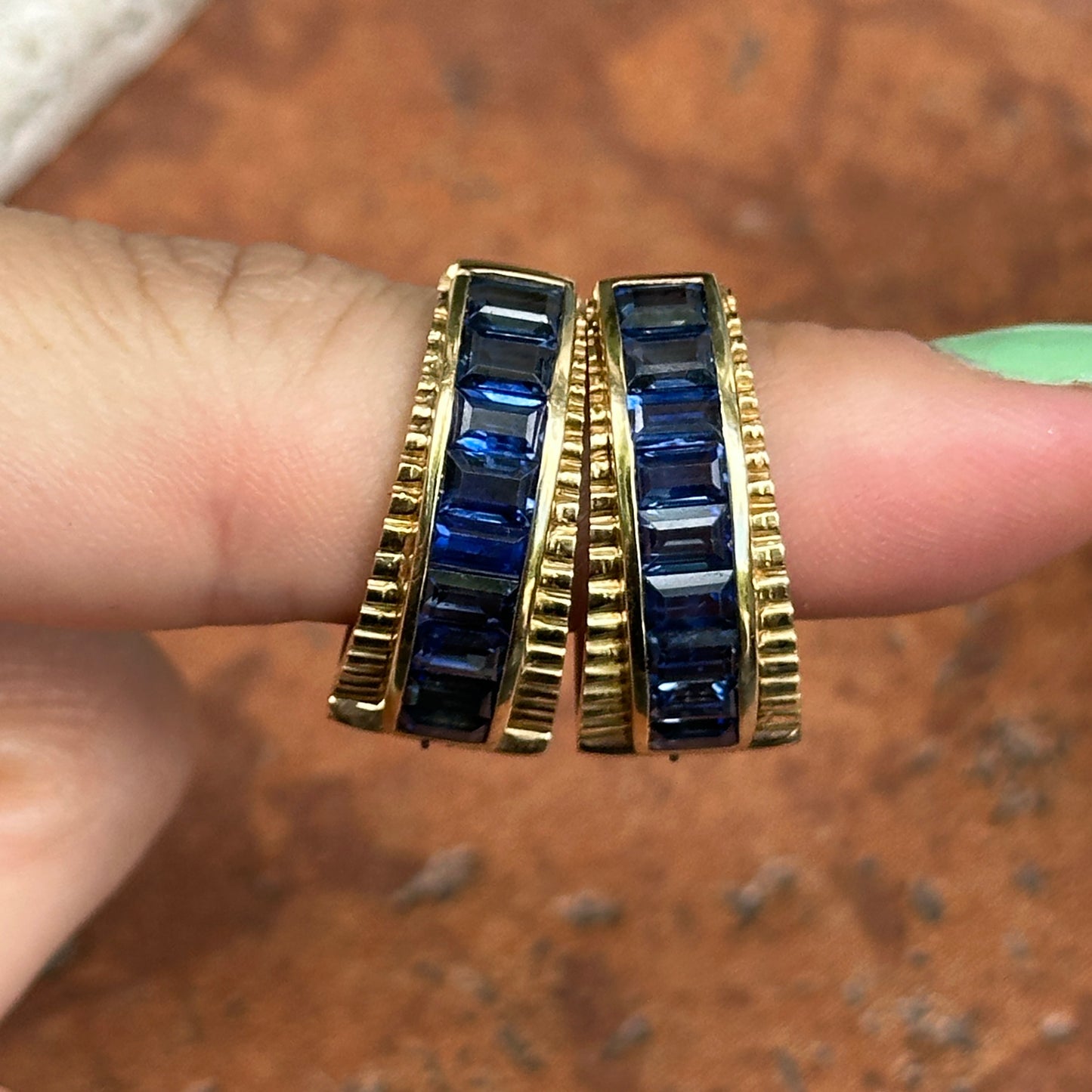 Estate 14KT Yellow Gold Baguette Sapphire Channel Set Back and Front Graduated Hoop Earrings