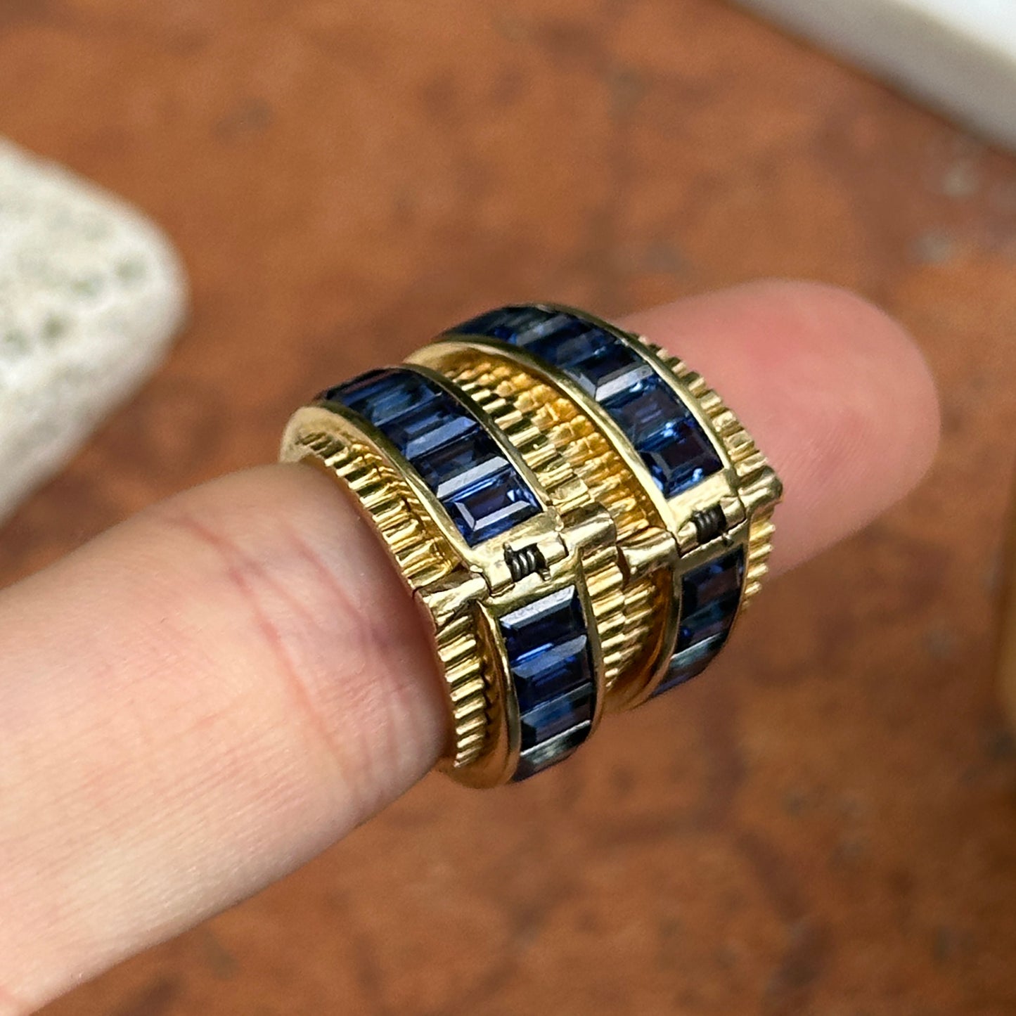 Estate 14KT Yellow Gold Baguette Sapphire Channel Set Back and Front Graduated Hoop Earrings