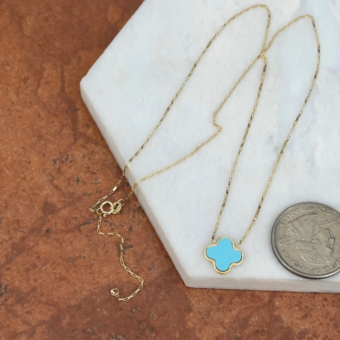 14KT Yellow Gold 12mm Turquoise Clover Station Chain Necklace