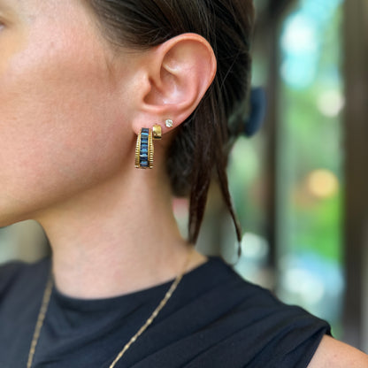 Estate 14KT Yellow Gold Baguette Sapphire Channel Set Back and Front Graduated Hoop Earrings