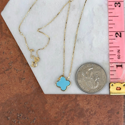 14KT Yellow Gold 12mm Turquoise Clover Station Chain Necklace