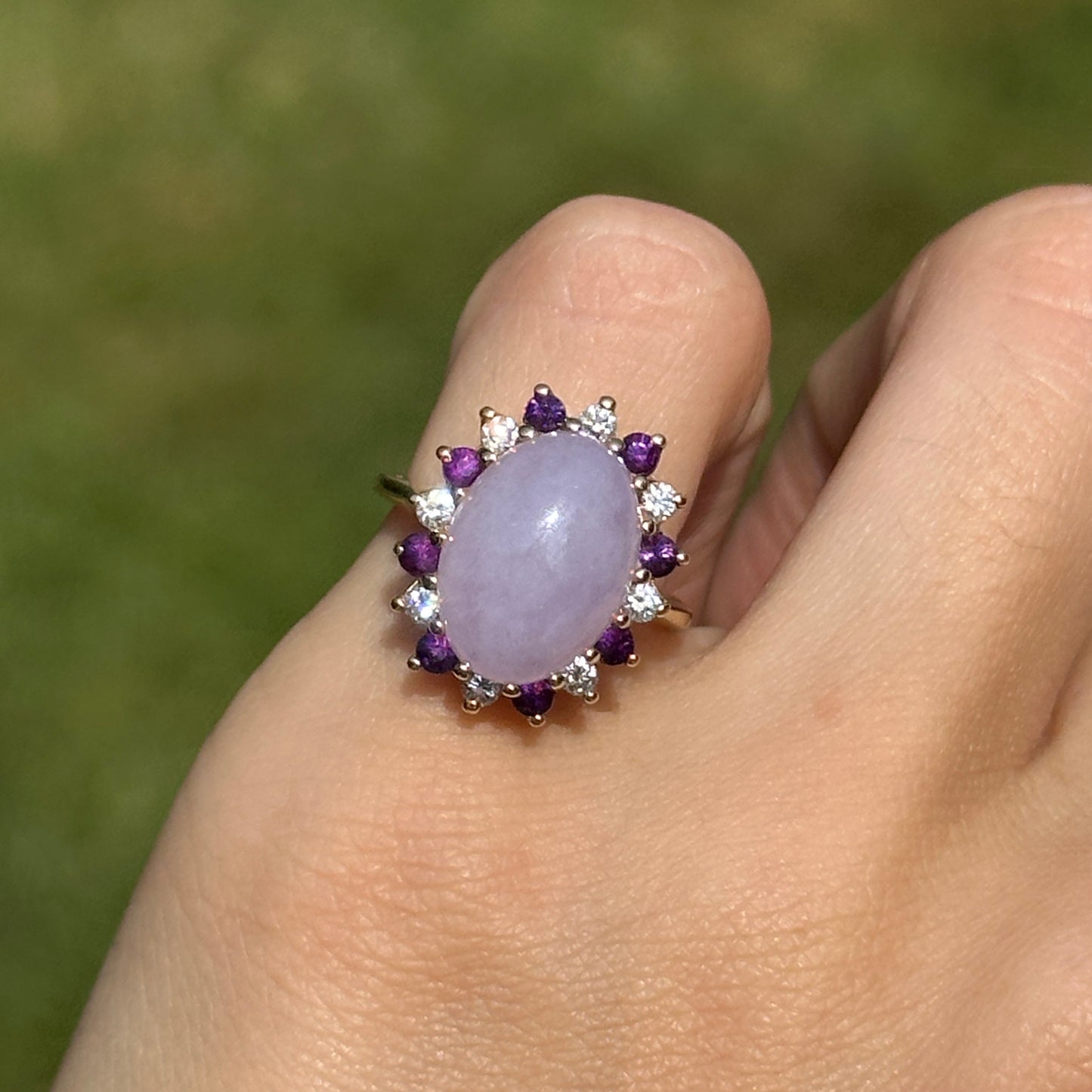 Estate 14KT Yellow Gold Lavender Jade, Amethyst + Diamond Ring