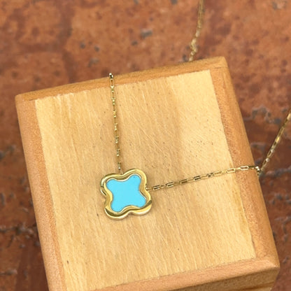 14KT Yellow Gold 12mm Turquoise Clover Station Chain Necklace