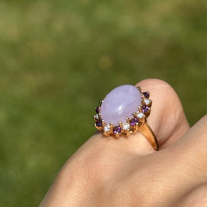 Estate 14KT Yellow Gold Lavender Jade, Amethyst + Diamond Ring