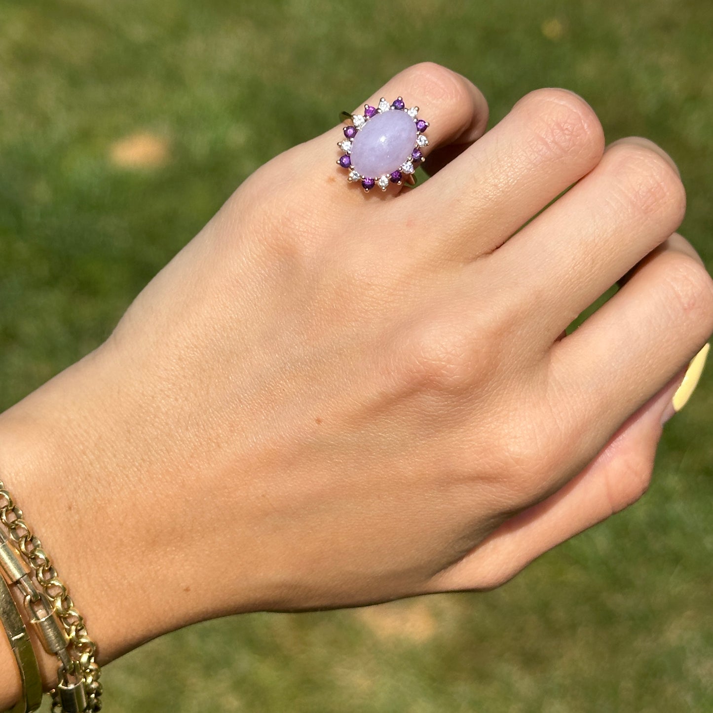 Estate 14KT Yellow Gold Lavender Jade, Amethyst + Diamond Ring