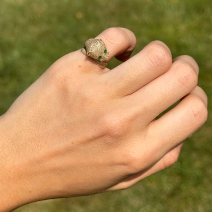 Estate 14KT Yellow Gold Sandblasted Panther Emerald Ring