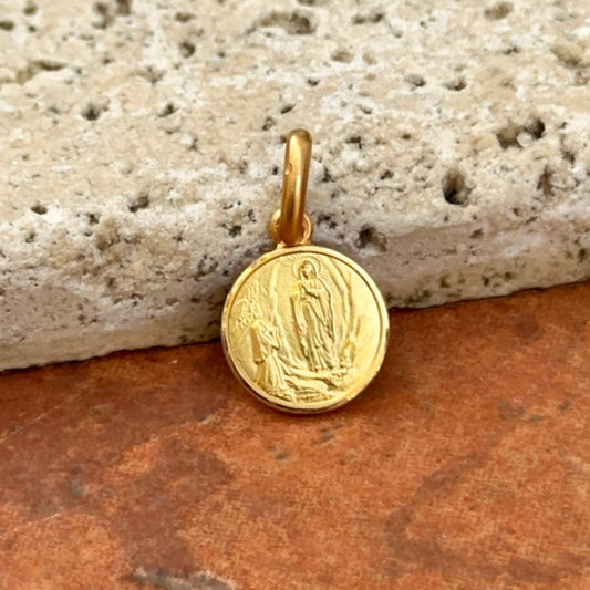 14KT Yellow Gold Matte Our Lady of Lourdes Round Medal Pendant Charm 10mm