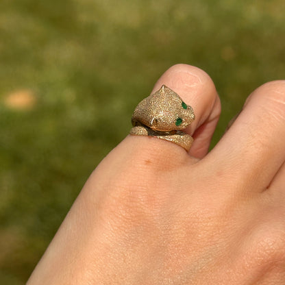 Estate 14KT Yellow Gold Sandblasted Panther Emerald Ring