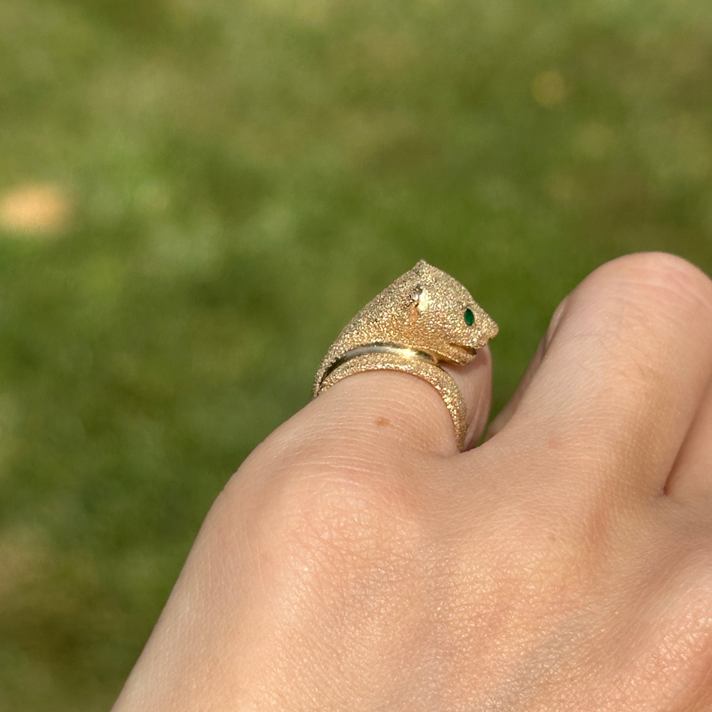 Estate 14KT Yellow Gold Sandblasted Panther Emerald Ring
