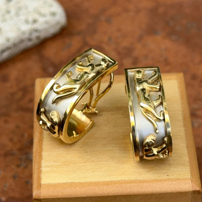 Estate 14KT Yellow + White Gold Panther Raised Design Hoop Earrings