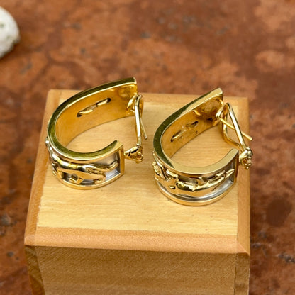 Estate 14KT Yellow + White Gold Panther Raised Design Hoop Earrings