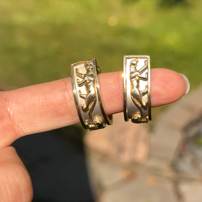 Estate 14KT Yellow + White Gold Panther Raised Design Hoop Earrings