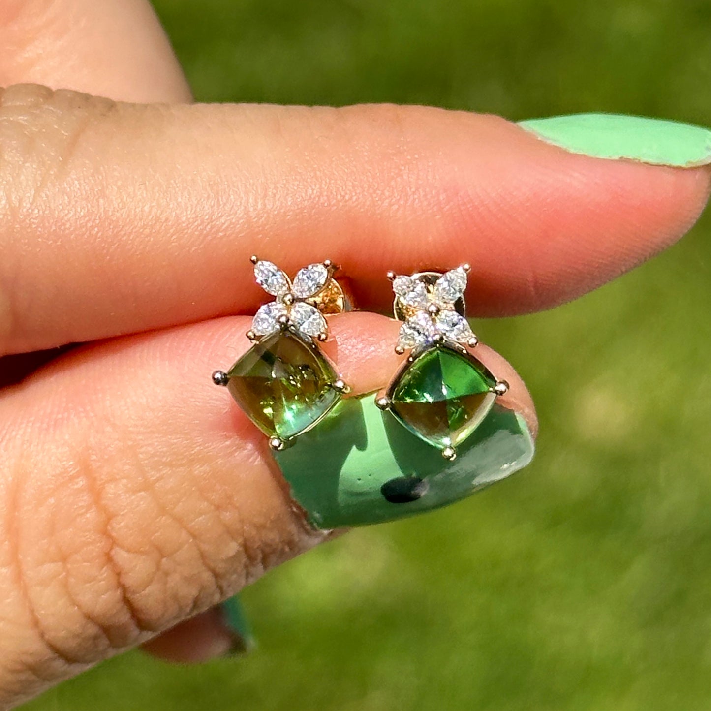 Estate 14KT Yellow Gold Sugarloaf Square Green Tourmaline + Marquise Diamond Earrings