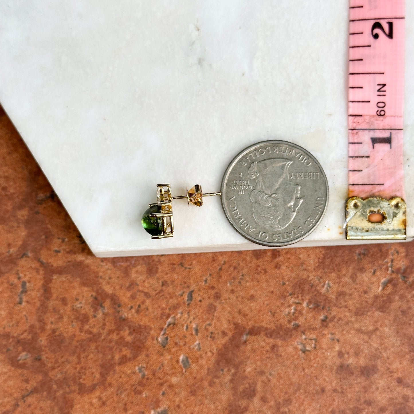 Estate 14KT Yellow Gold Sugarloaf Square Green Tourmaline + Marquise Diamond Earrings