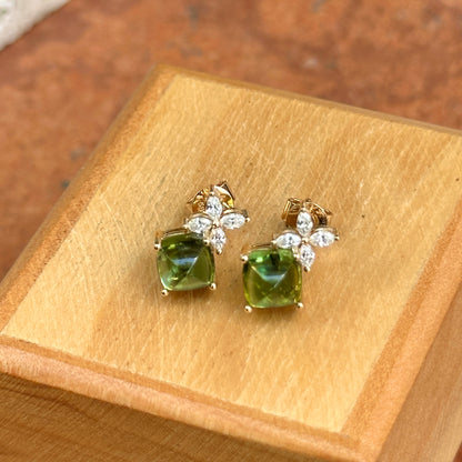 Estate 14KT Yellow Gold Sugarloaf Square Green Tourmaline + Marquise Diamond Earrings