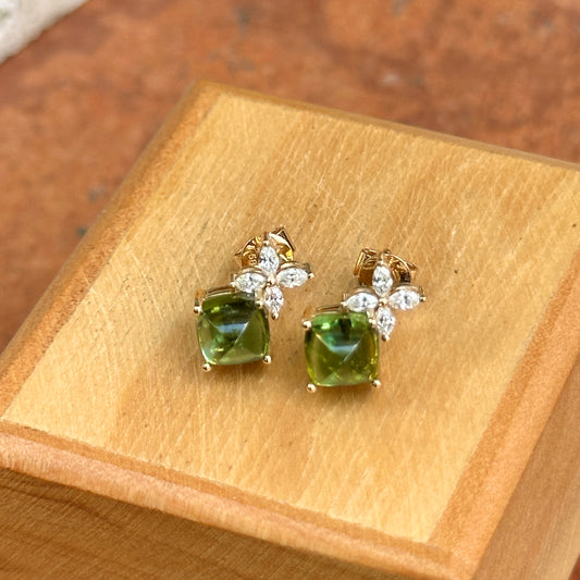 Estate 14KT Yellow Gold Sugarloaf Square Green Tourmaline + Marquise Diamond Earrings