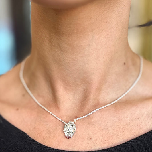 Sterling Silver Garnet + Diamond Lion Pendant Chain Necklace 20"