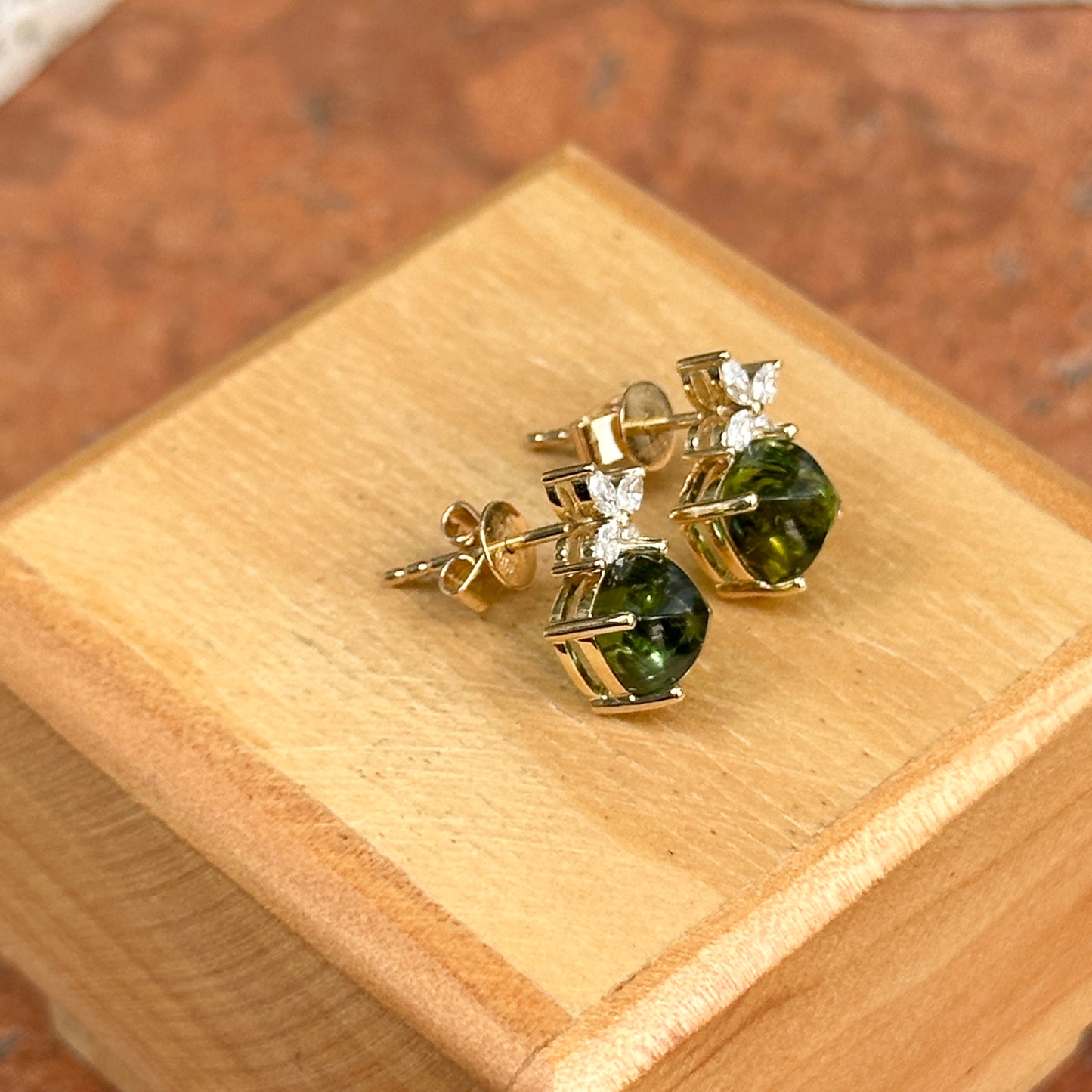 Estate 14KT Yellow Gold Sugarloaf Square Green Tourmaline + Marquise Diamond Earrings