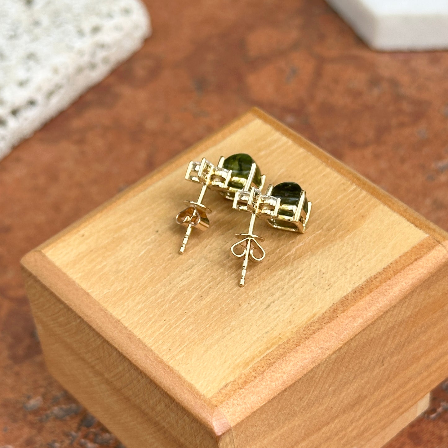 Estate 14KT Yellow Gold Sugarloaf Square Green Tourmaline + Marquise Diamond Earrings