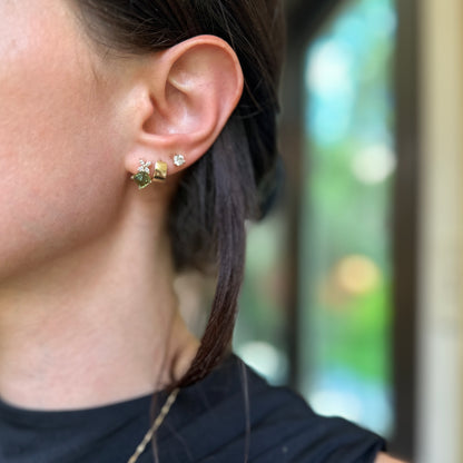 Estate 14KT Yellow Gold Sugarloaf Square Green Tourmaline + Marquise Diamond Earrings