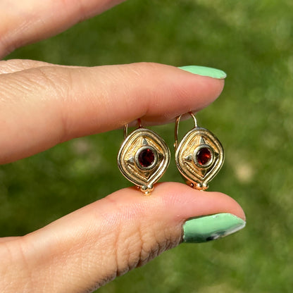 Estate Byzantine 14KT Yellow Gold Bezeled Garnet Drop Earrings