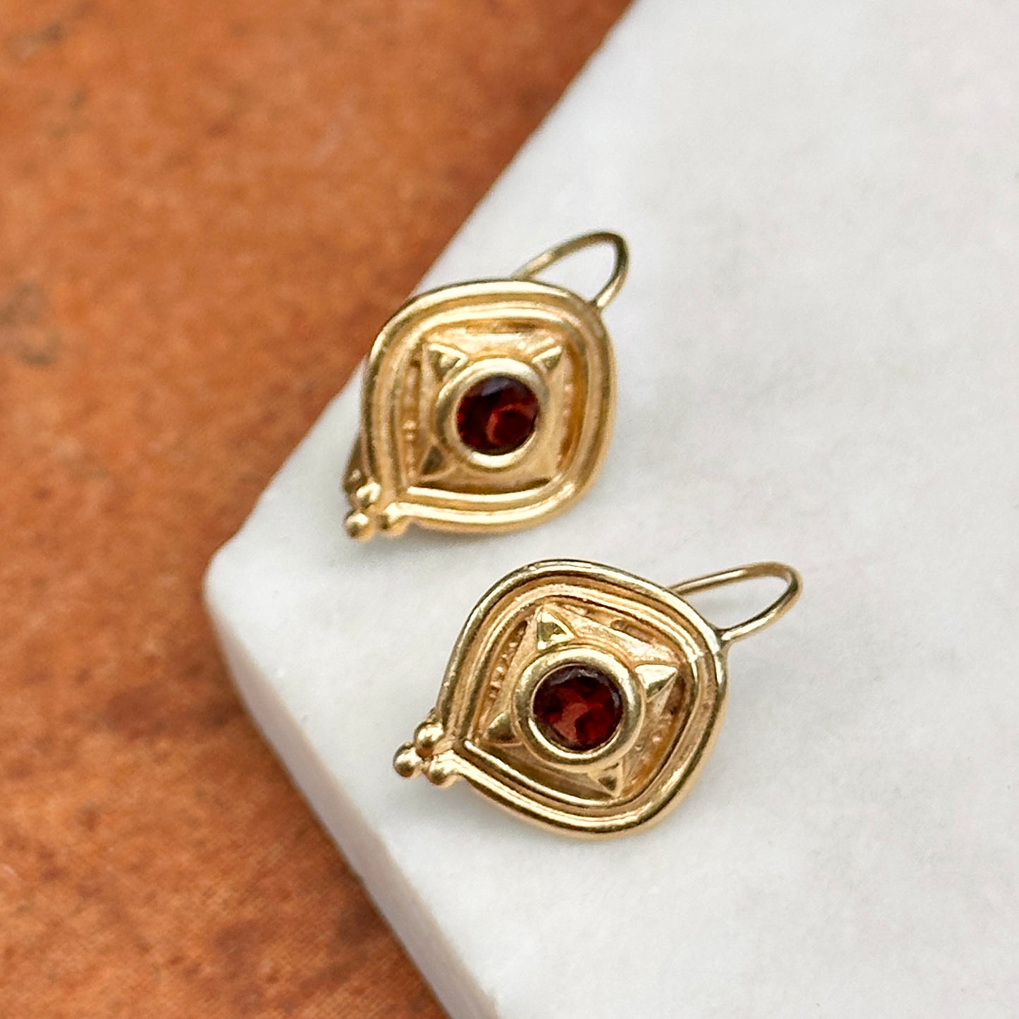 Estate Byzantine 14KT Yellow Gold Bezeled Garnet Drop Earrings