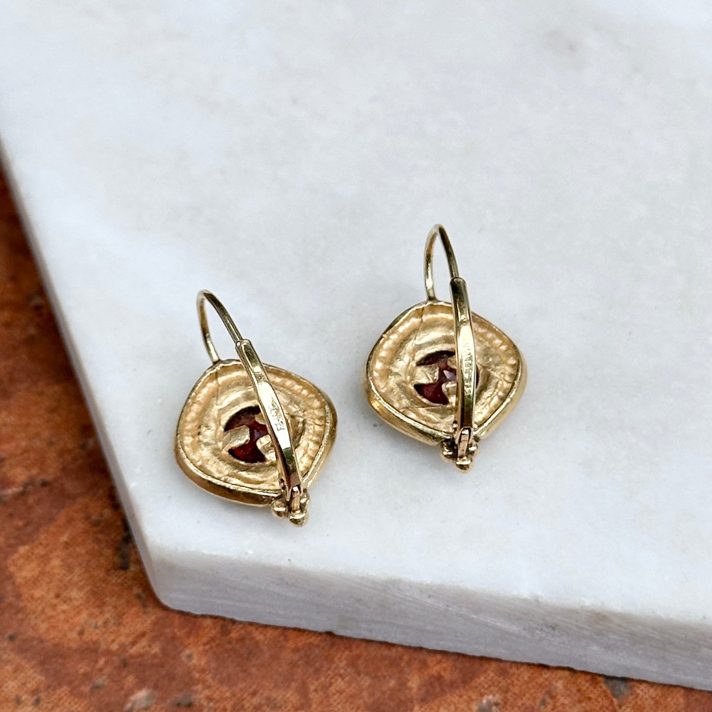 Estate Byzantine 14KT Yellow Gold Bezeled Garnet Drop Earrings