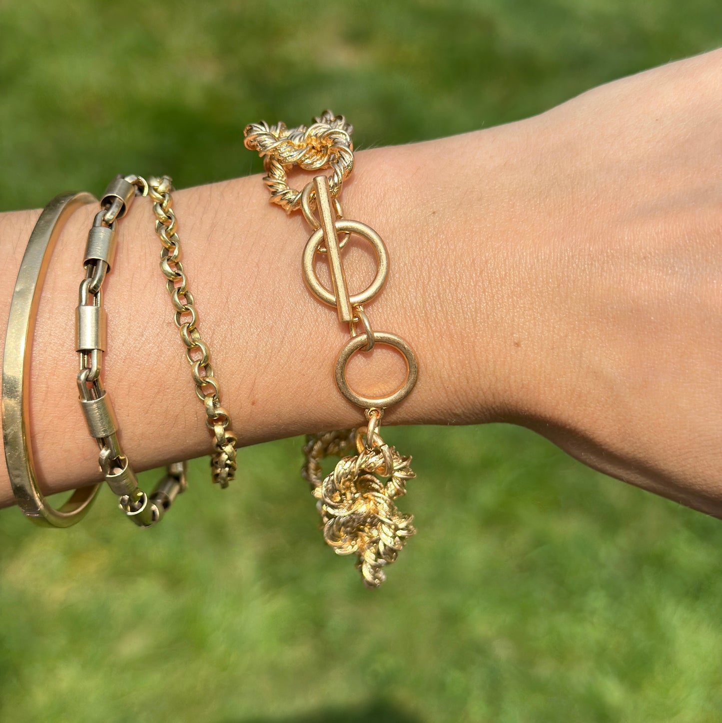 Yellow Gold-Tone Twisted Circle Link Toggle Bracelet 9''