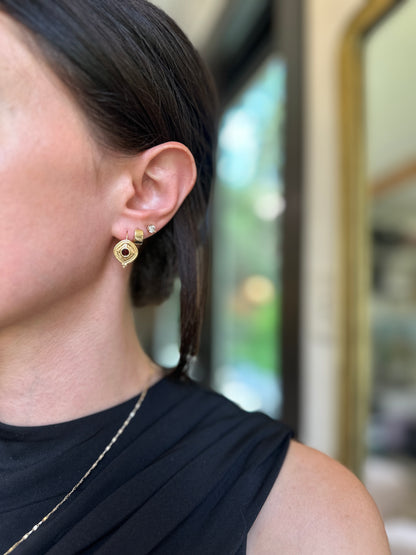 Estate Byzantine 14KT Yellow Gold Bezeled Garnet Drop Earrings