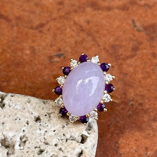 Estate 14KT Yellow Gold Lavender Jade, Amethyst + Diamond Ring