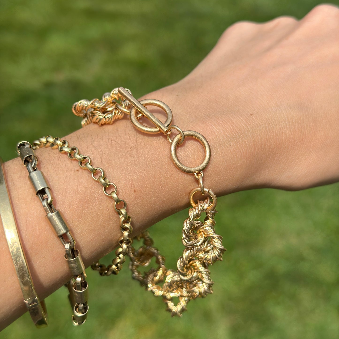 Yellow Gold-Tone Twisted Circle Link Toggle Bracelet 9''