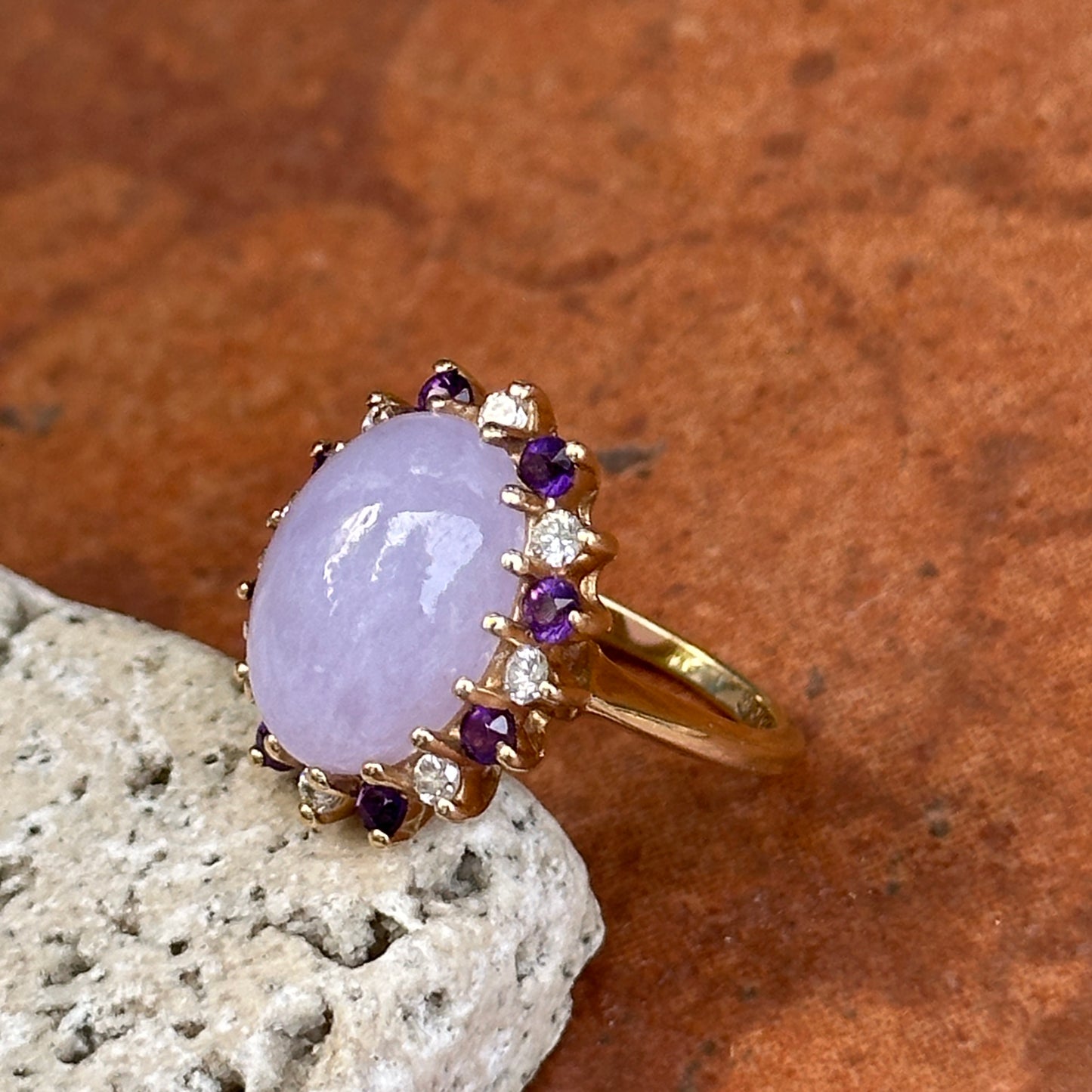 Estate 14KT Yellow Gold Lavender Jade, Amethyst + Diamond Ring