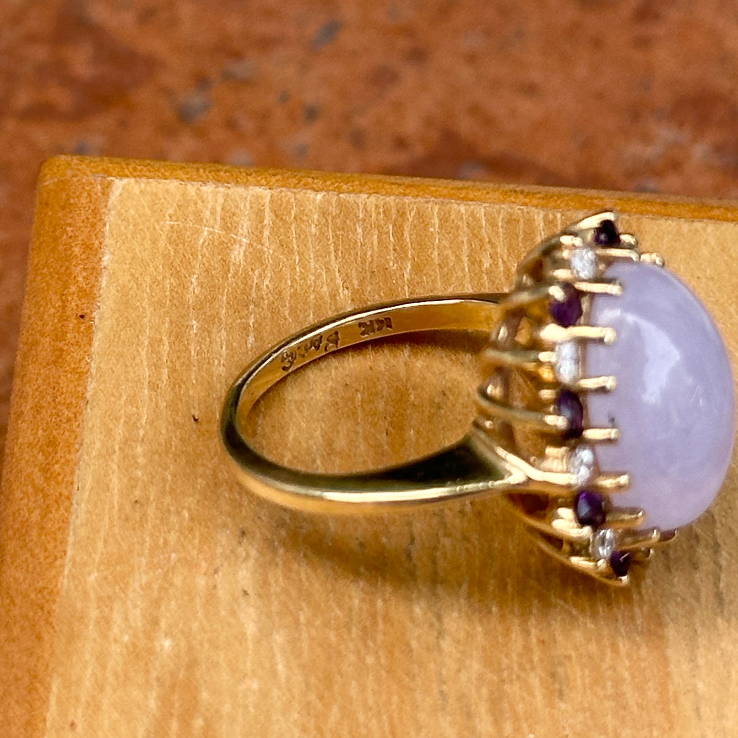 Estate 14KT Yellow Gold Lavender Jade, Amethyst + Diamond Ring