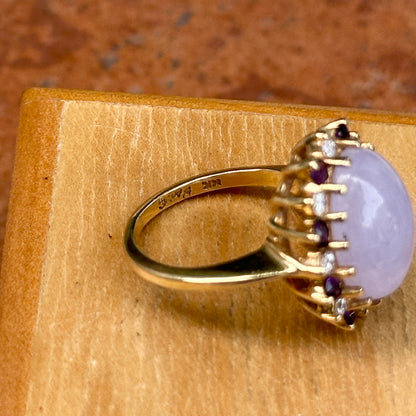 Estate 14KT Yellow Gold Lavender Jade, Amethyst + Diamond Ring