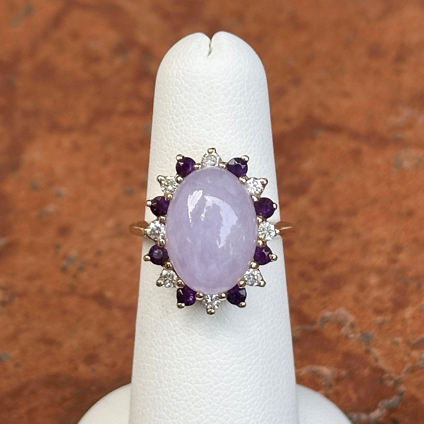 Estate 14KT Yellow Gold Lavender Jade, Amethyst + Diamond Ring