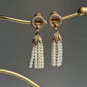 Estate 14KT Yellow Gold Seed Pearl Tassel + Diamond Clip-On Earrings