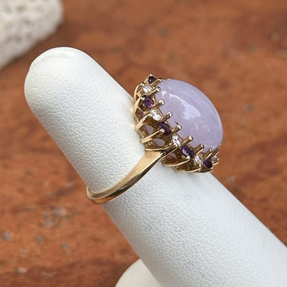 Estate 14KT Yellow Gold Lavender Jade, Amethyst + Diamond Ring