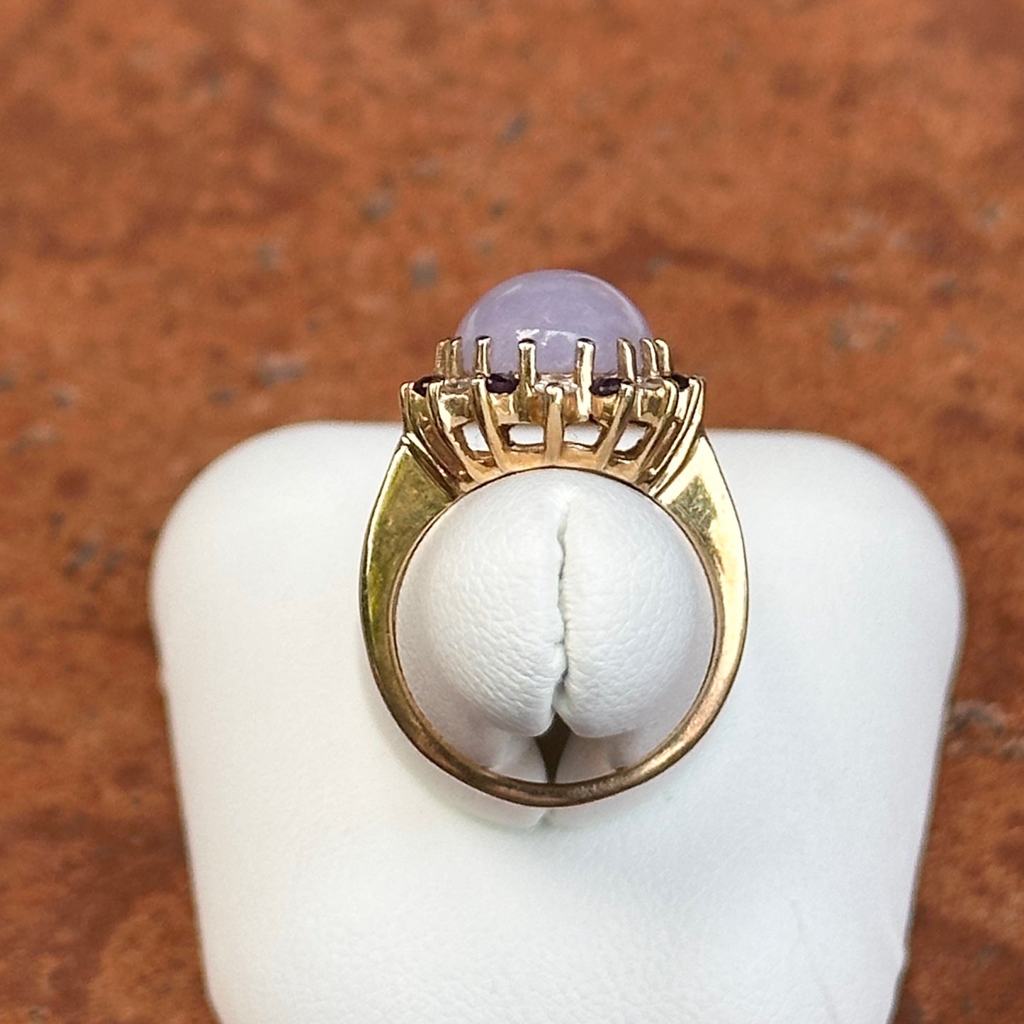 Estate 14KT Yellow Gold Lavender Jade, Amethyst + Diamond Ring